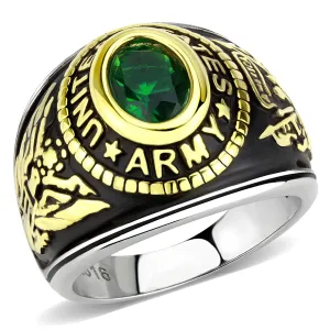 CJ3724 Wholesale Unisex Stainless Steel Two-Tone IP Gold Synthetic Emerald United States Army Military Ring