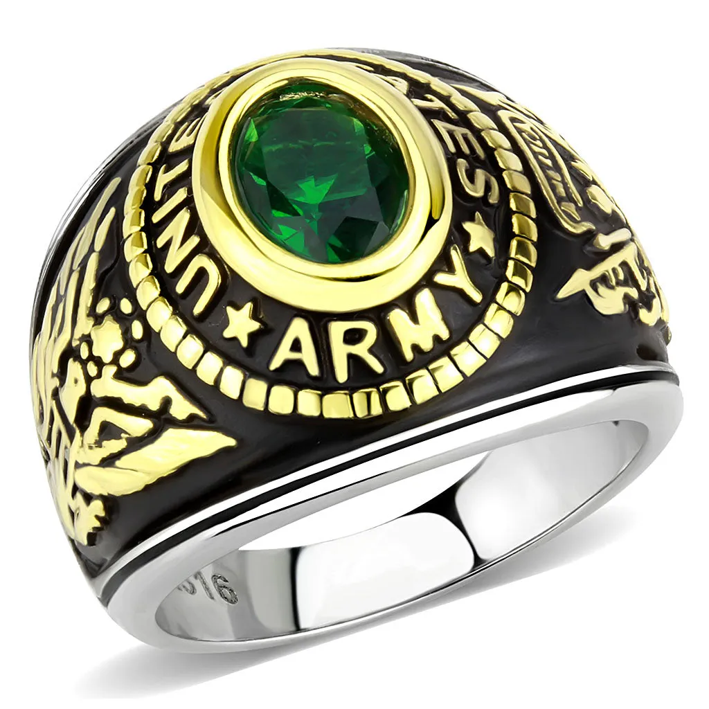 CJ3724 Wholesale Unisex Stainless Steel Two-Tone IP Gold Synthetic Emerald United States Army Military Ring
