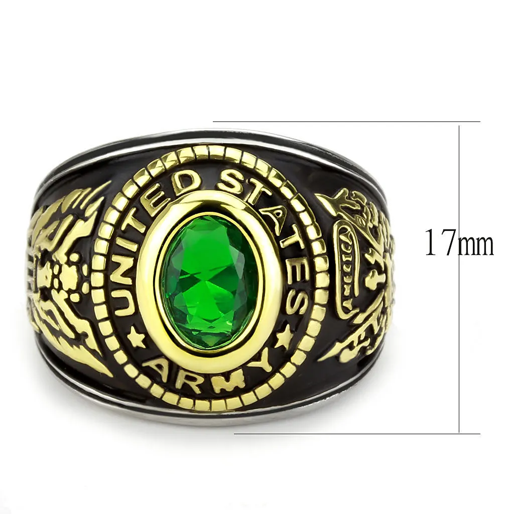 CJ3724 Wholesale Unisex Stainless Steel Two-Tone IP Gold Synthetic Emerald United States Army Military Ring