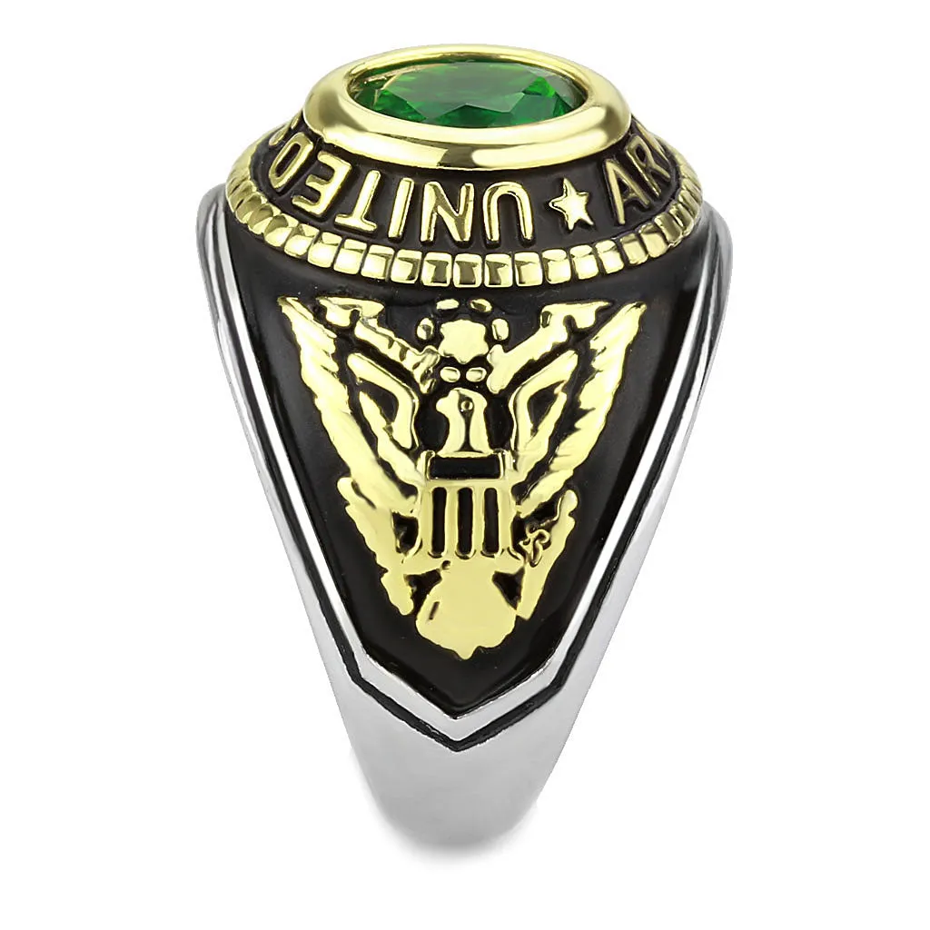 CJ3724 Wholesale Unisex Stainless Steel Two-Tone IP Gold Synthetic Emerald United States Army Military Ring