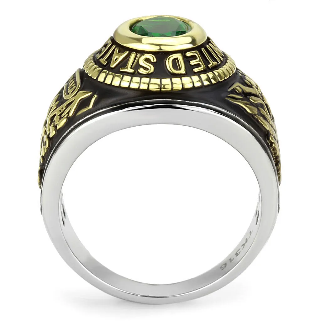CJ3724 Wholesale Unisex Stainless Steel Two-Tone IP Gold Synthetic Emerald United States Army Military Ring