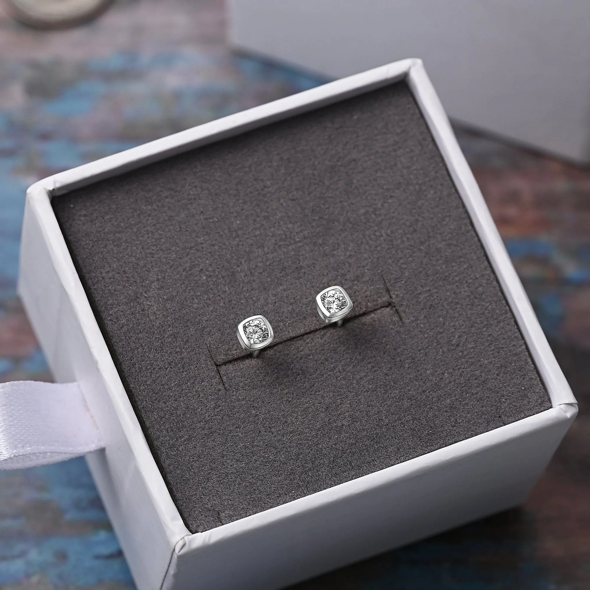 CZ Geometric Square Stud Earrings Sterling Silver