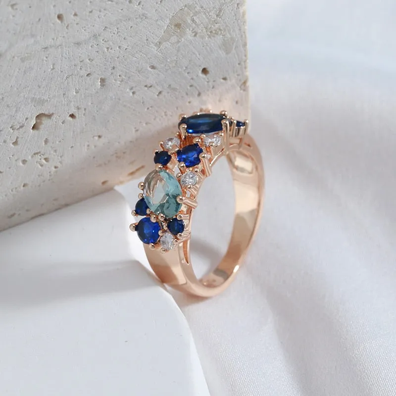 Full Zircon Double Blue Design Luxury 585 Gold Color Rings Women