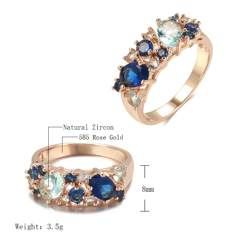 Full Zircon Double Blue Design Luxury 585 Gold Color Rings Women