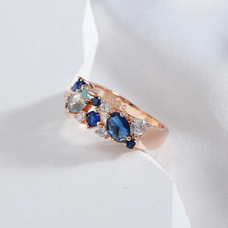 Full Zircon Double Blue Design Luxury 585 Gold Color Rings Women