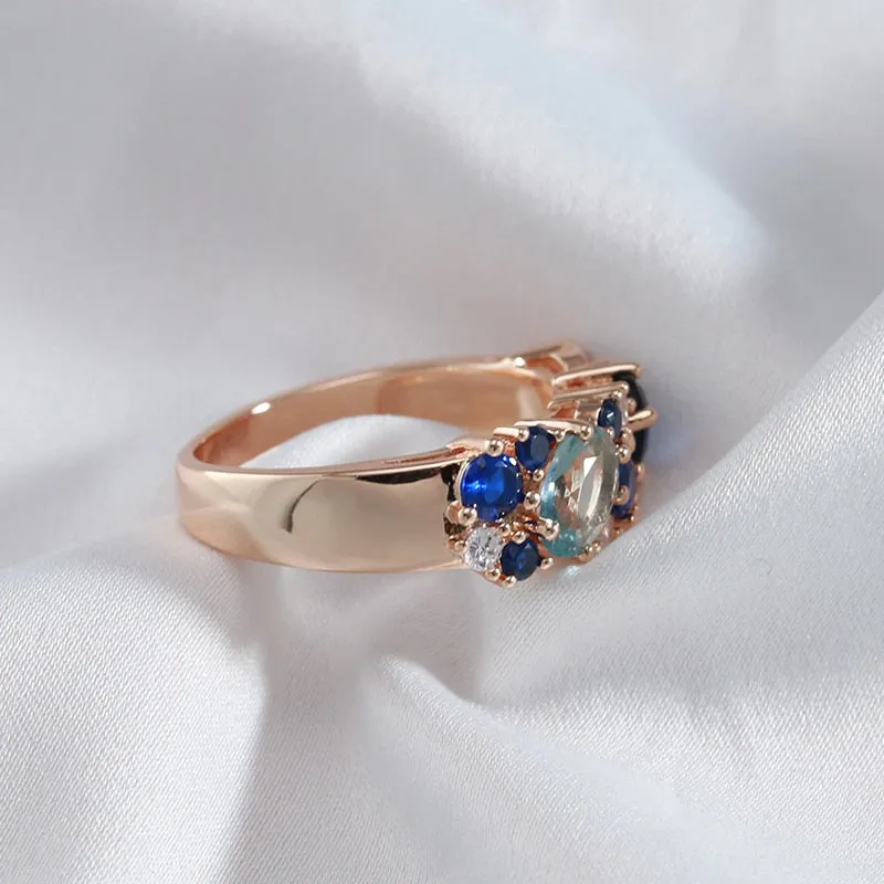 Full Zircon Double Blue Design Luxury 585 Gold Color Rings Women