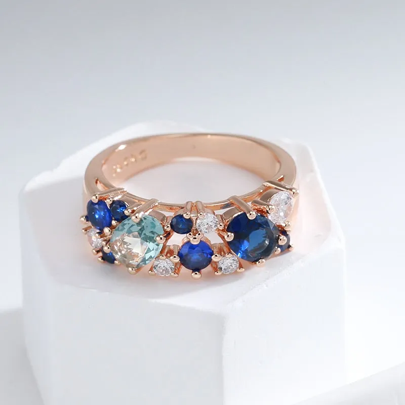 Full Zircon Double Blue Design Luxury 585 Gold Color Rings Women