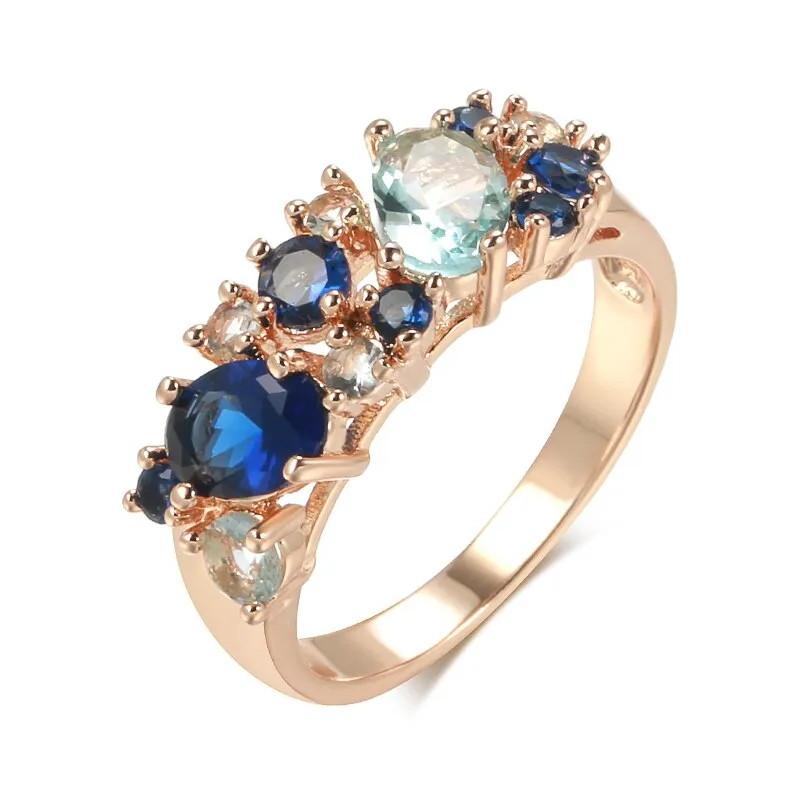Full Zircon Double Blue Design Luxury 585 Gold Color Rings Women