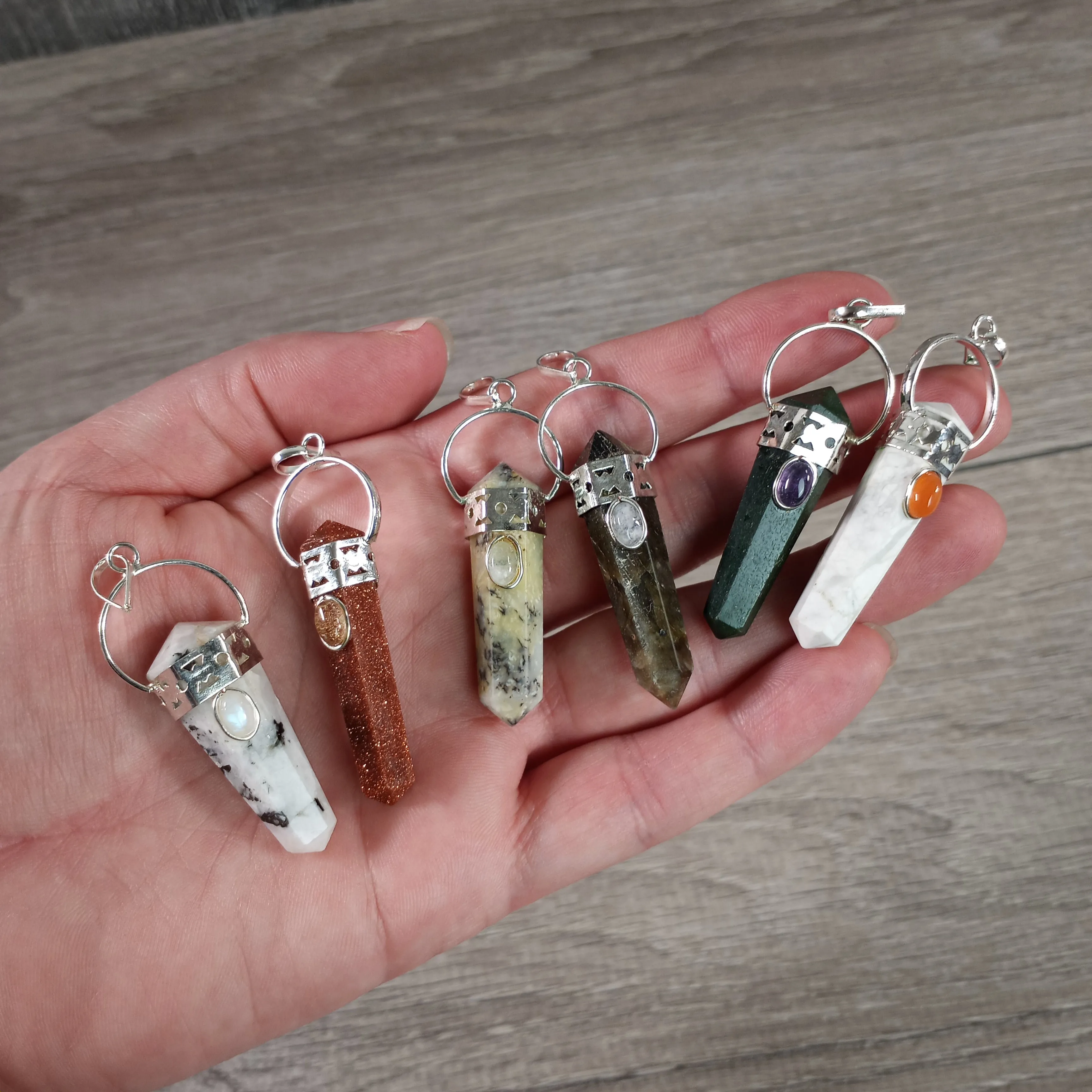 Gemstone Point Pendants with Silver-Tone Metal Cap