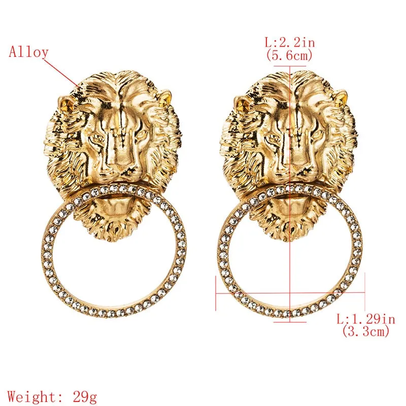 Gold Antique  Lion Head With RHINSTONE Circle  Earrings