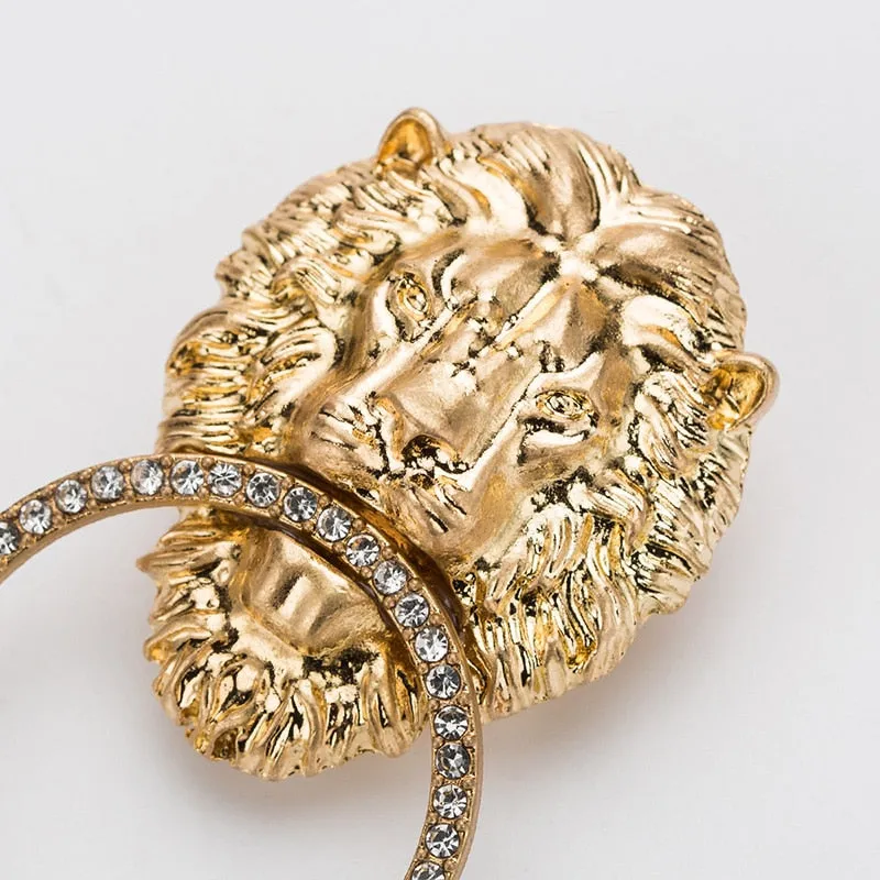 Gold Antique  Lion Head With RHINSTONE Circle  Earrings