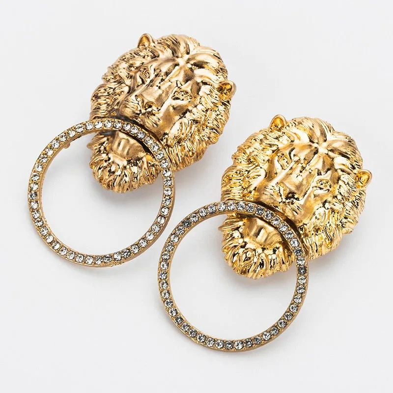 Gold Antique  Lion Head With RHINSTONE Circle  Earrings