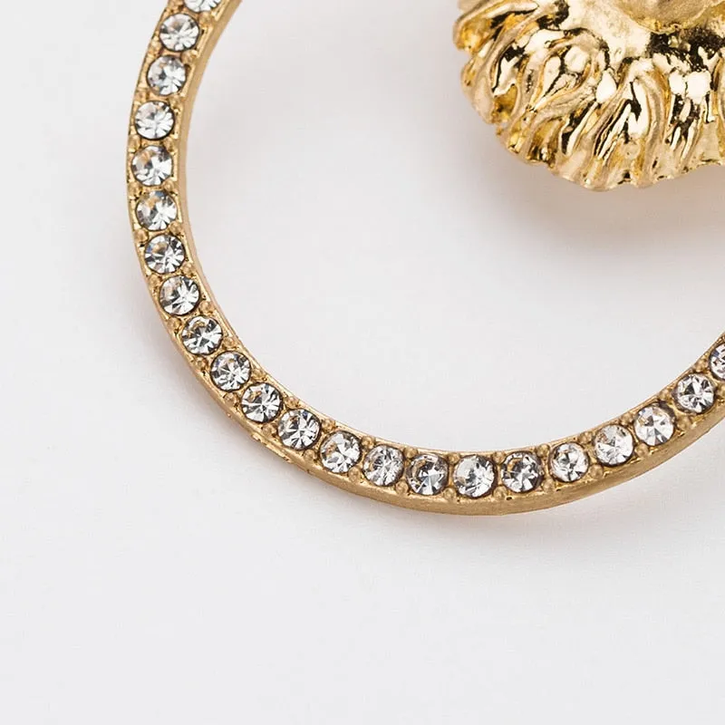 Gold Antique  Lion Head With RHINSTONE Circle  Earrings