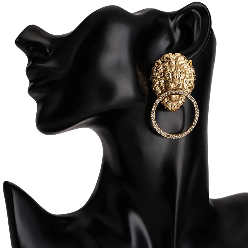 Gold Antique  Lion Head With RHINSTONE Circle  Earrings