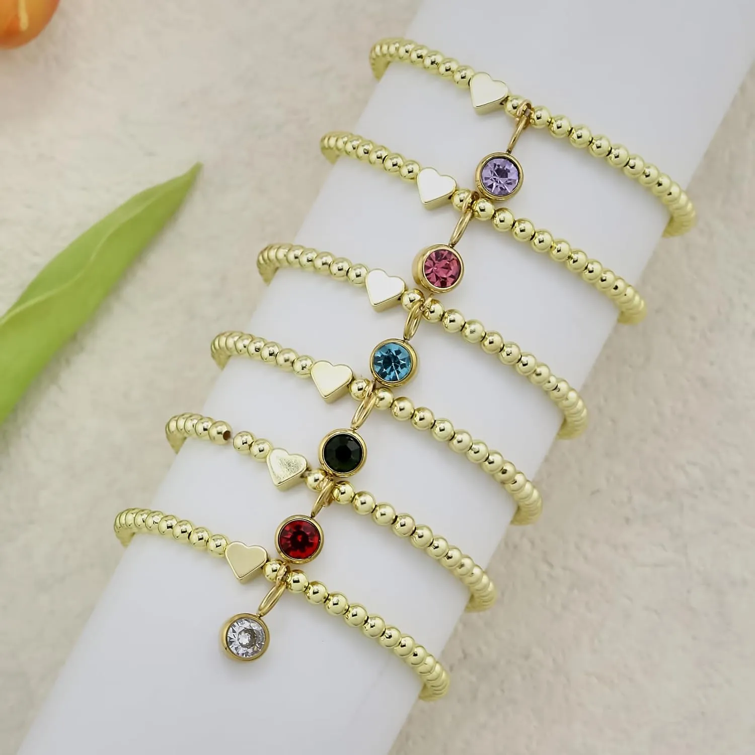 Gold Beaded Bracelets for Women Gold Heart Birthstone Bracelets Gold Beaded Bracelets Charm Every Month Shiny Finish Prom Jewellery for Women