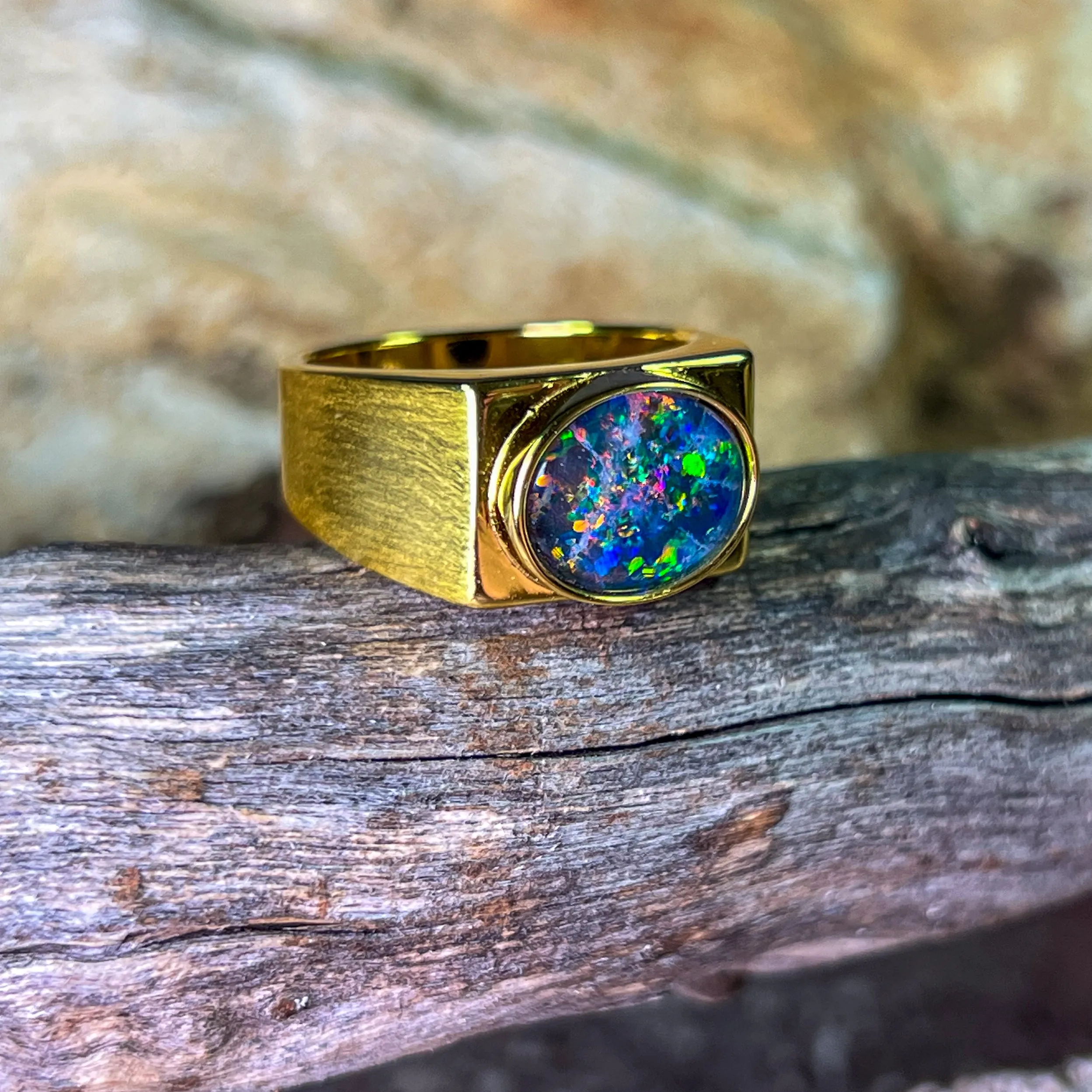 Gold Plated Sterling Silver rectangular mens ring 12x10mm Opal triplet ring matte