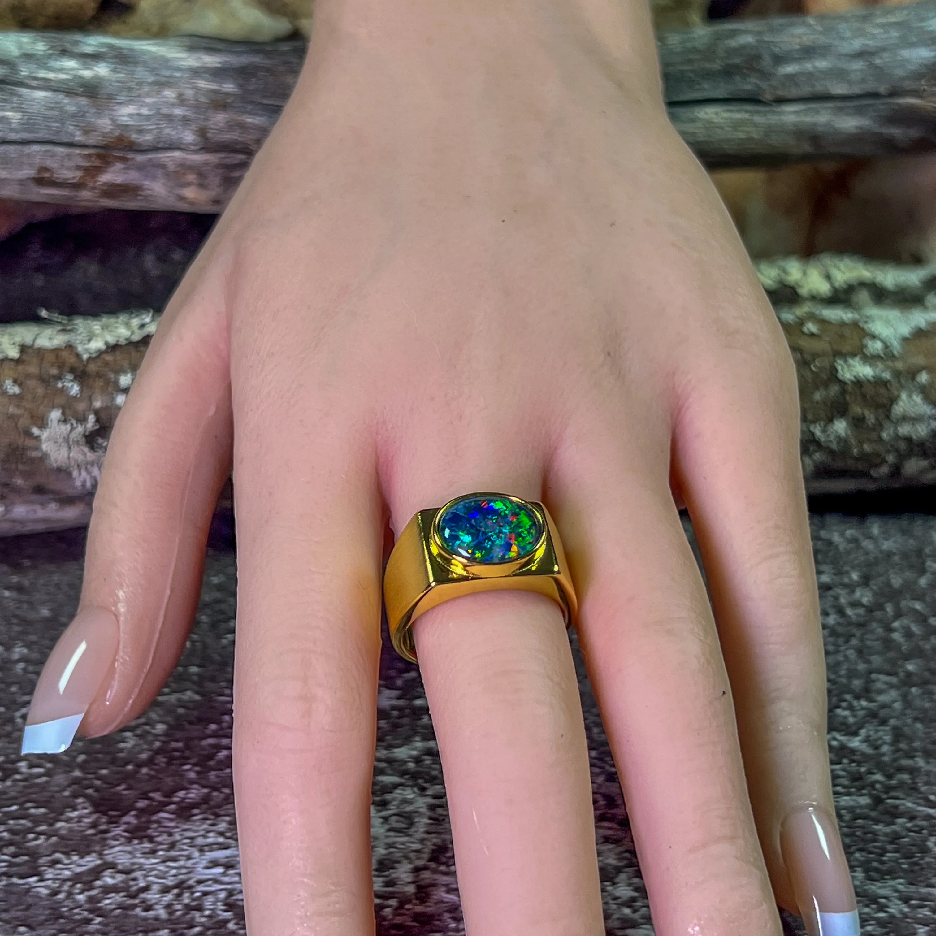 Gold Plated Sterling Silver rectangular mens ring 12x10mm Opal triplet ring matte