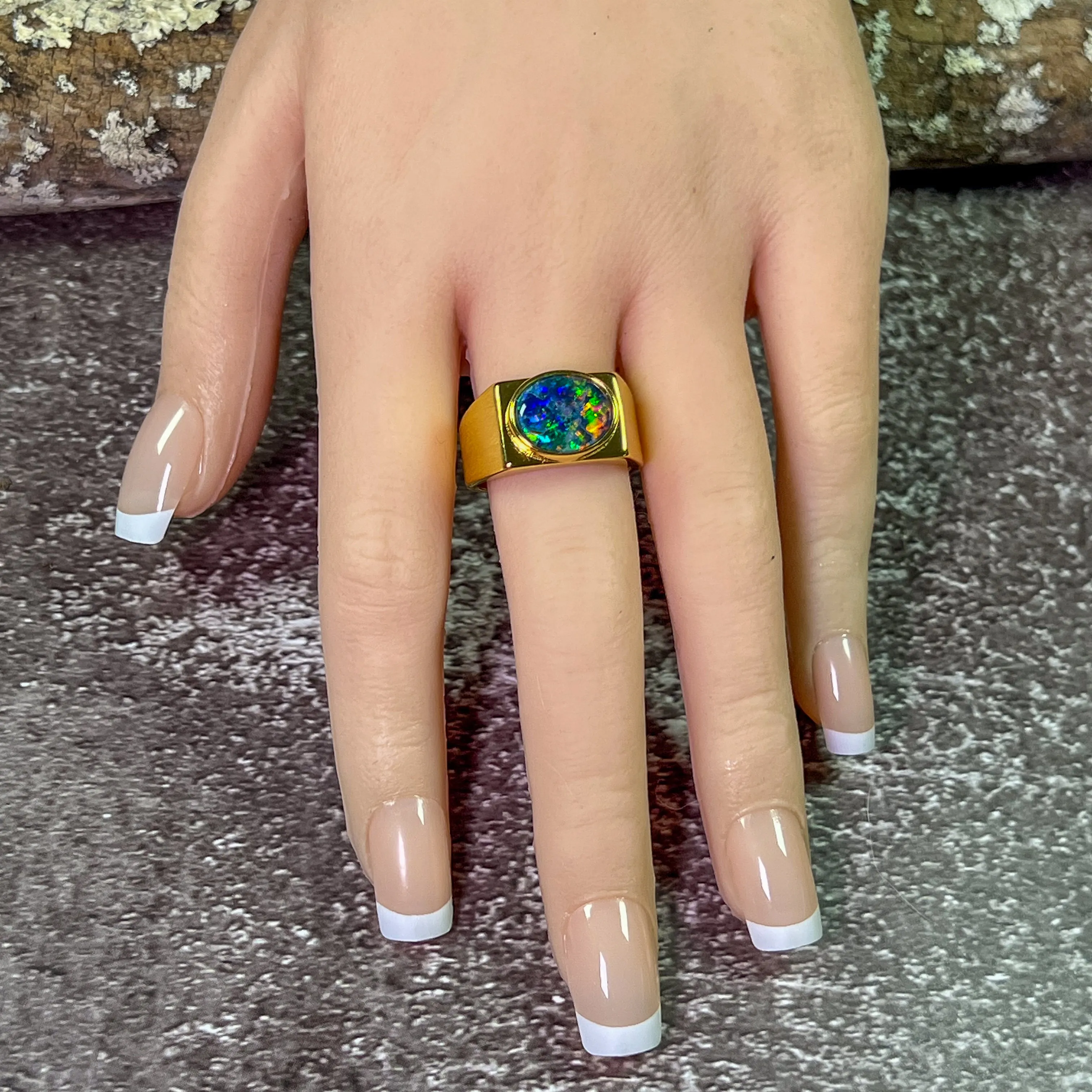 Gold Plated Sterling Silver rectangular mens ring 12x10mm Opal triplet ring matte