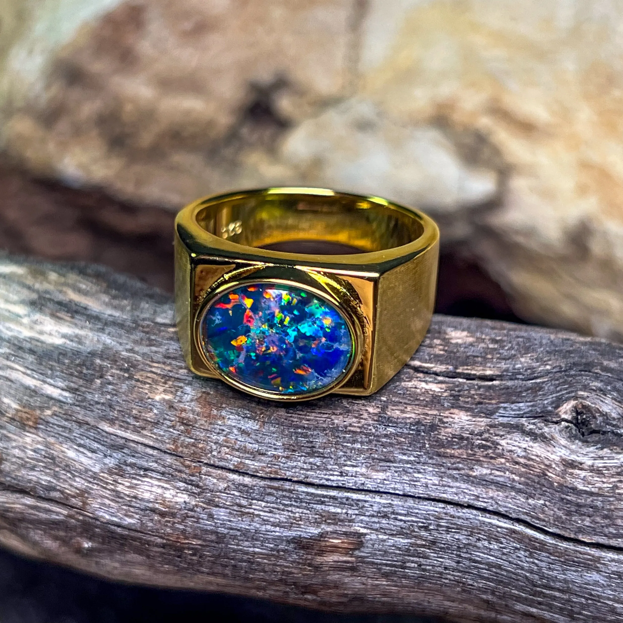Gold Plated Sterling Silver rectangular mens ring 12x10mm Opal triplet ring matte
