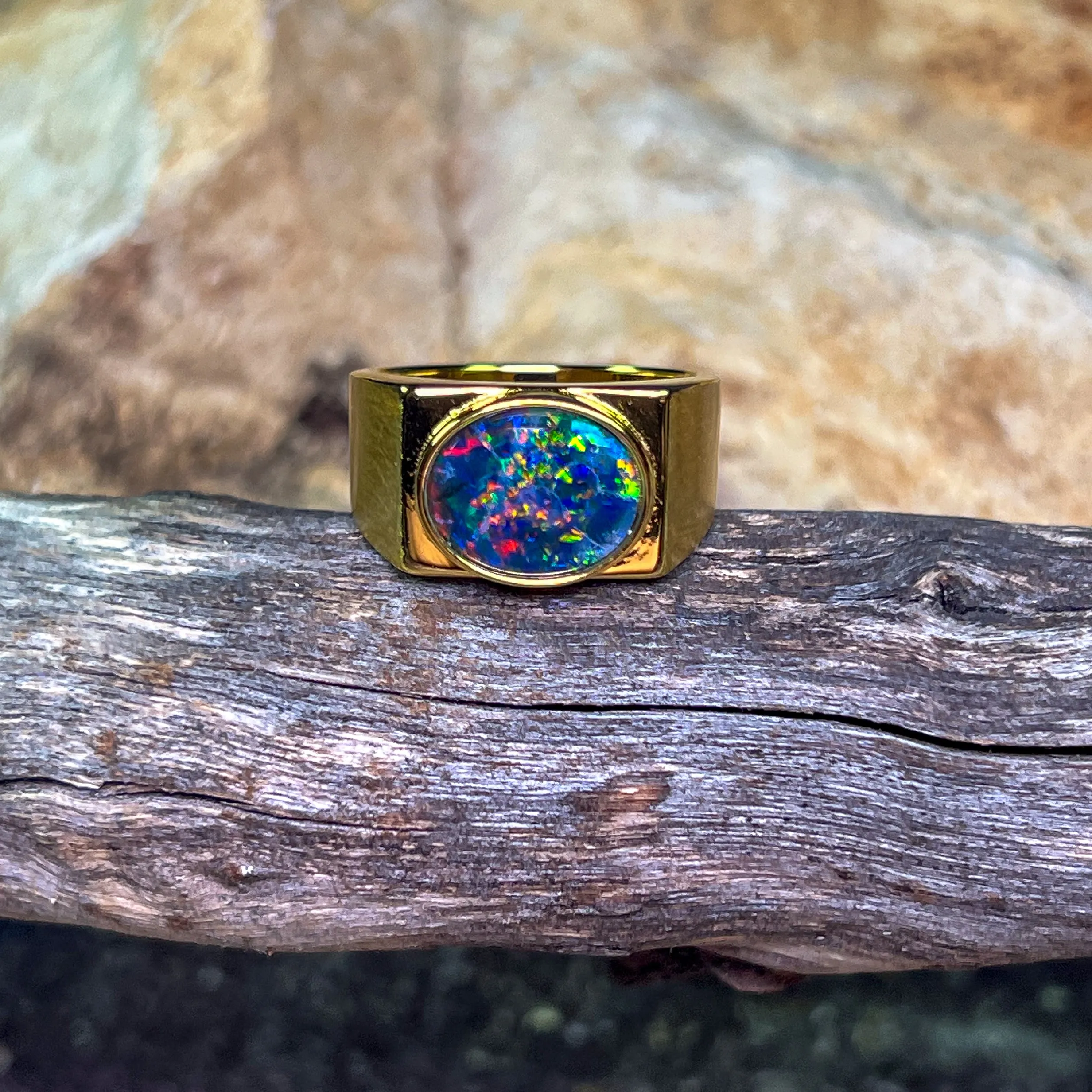 Gold Plated Sterling Silver rectangular mens ring 12x10mm Opal triplet ring matte