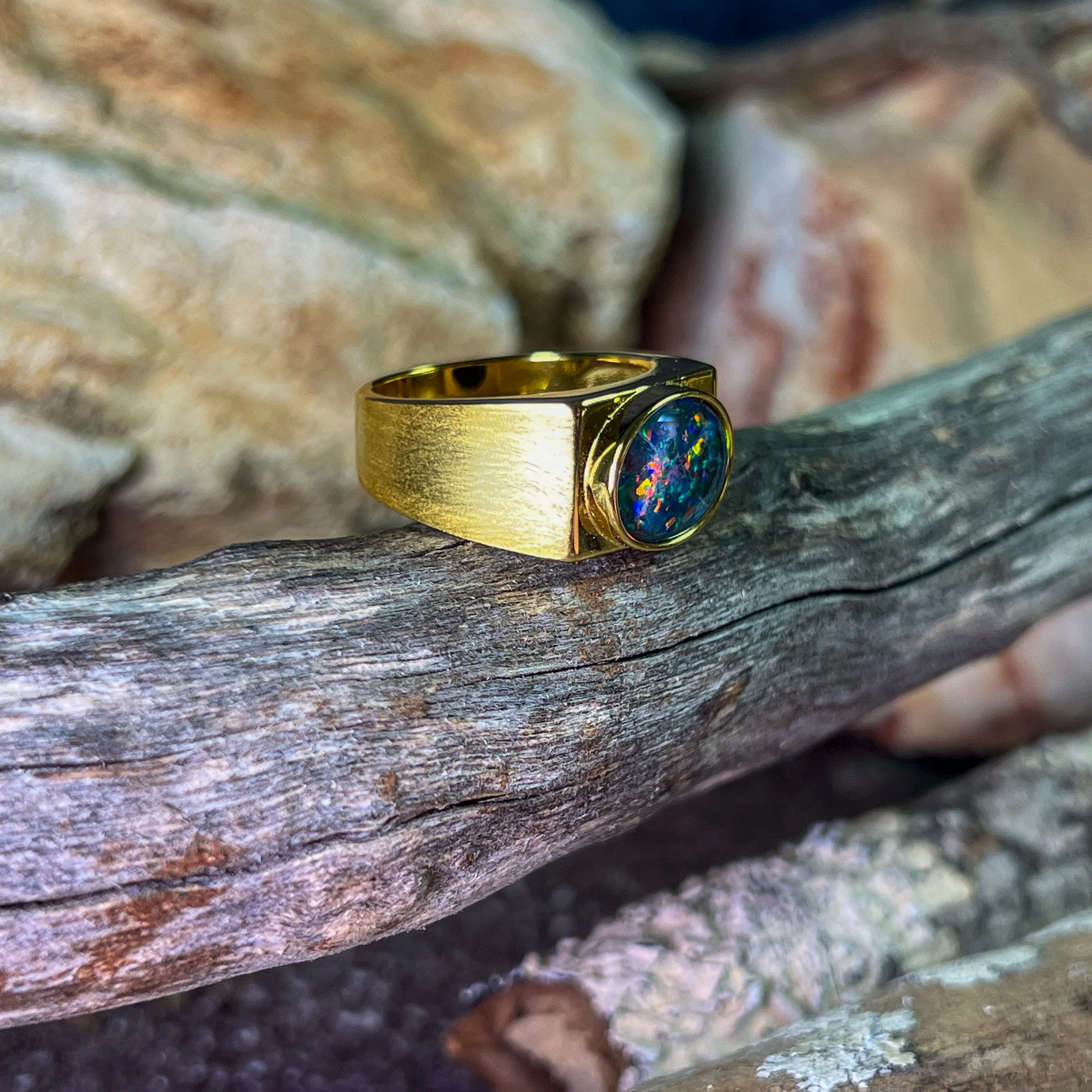 Gold Plated Sterling Silver rectangular mens ring 12x10mm Opal triplet ring matte