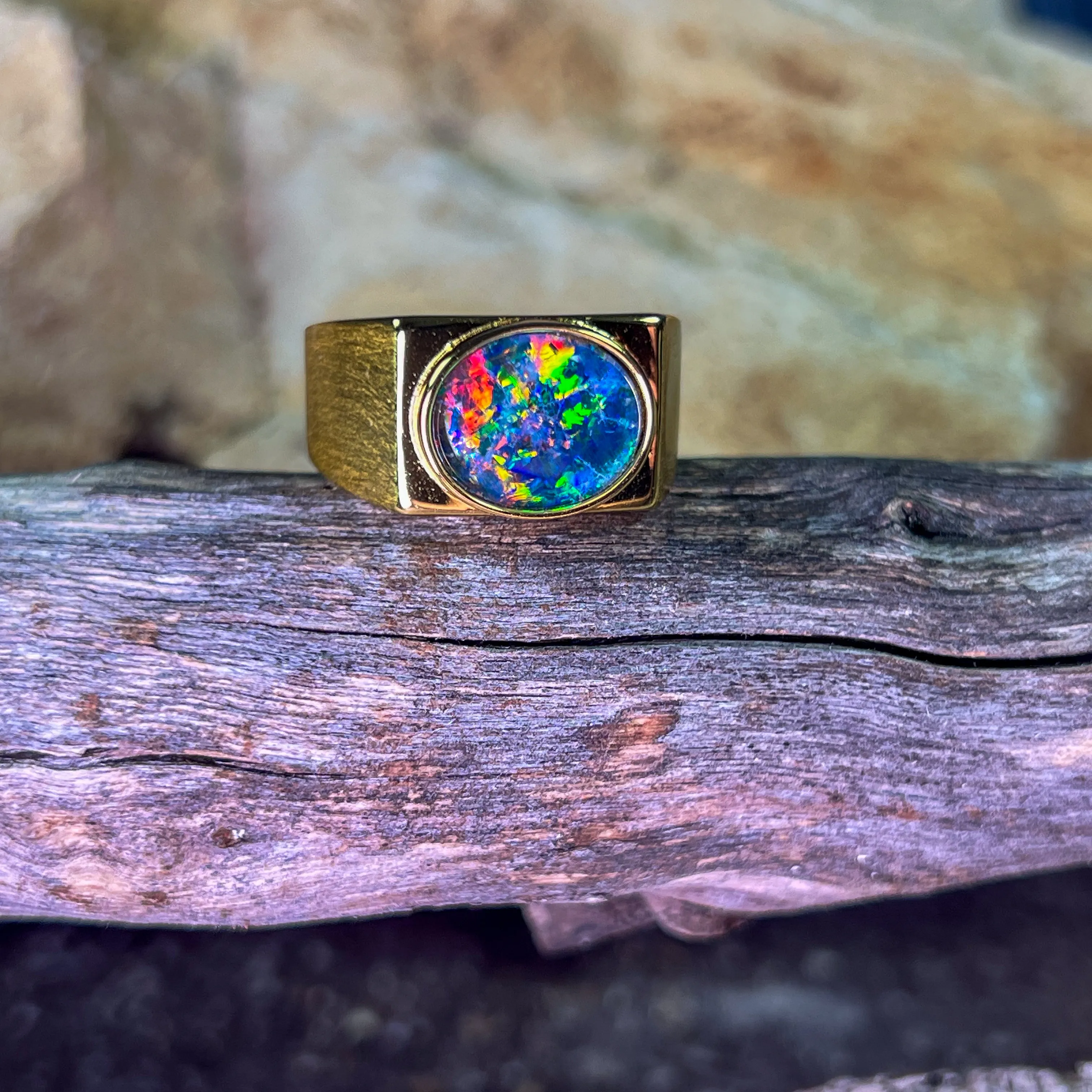 Gold Plated Sterling Silver rectangular mens ring 12x10mm Opal triplet ring matte