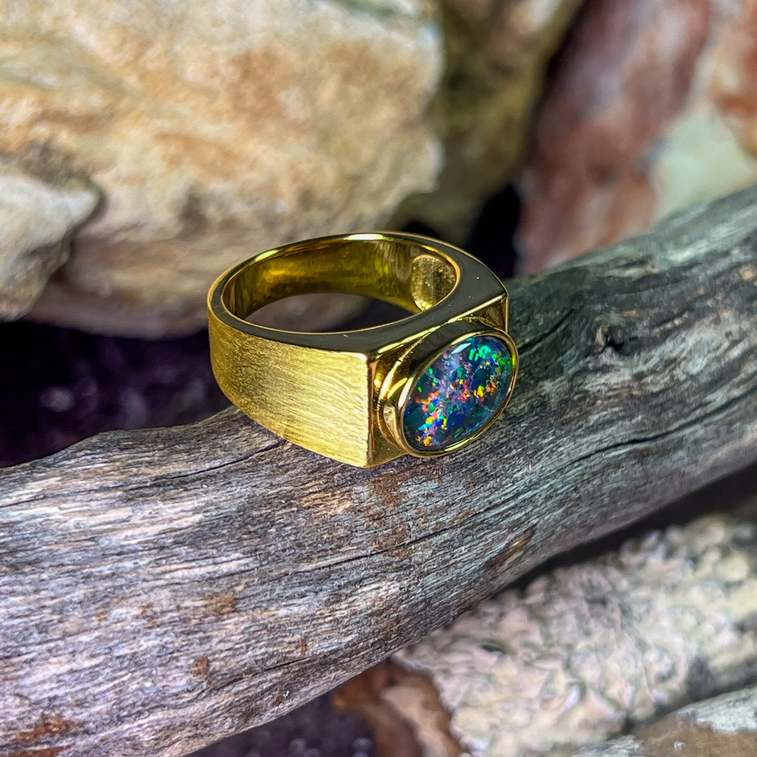 Gold Plated Sterling Silver rectangular mens ring 12x10mm Opal triplet ring matte