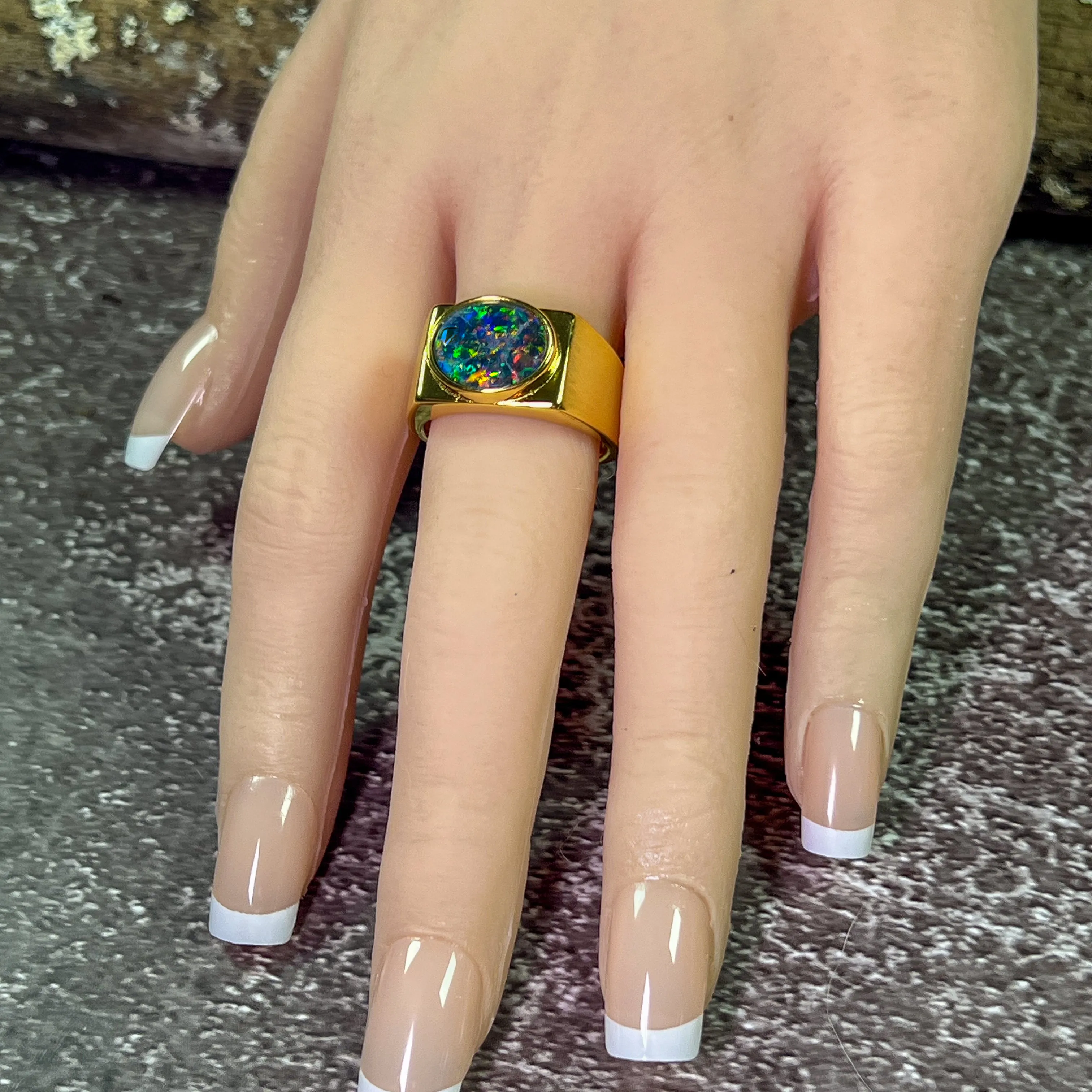 Gold Plated Sterling Silver rectangular mens ring 12x10mm Opal triplet ring matte
