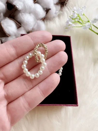 Golden pearl hoop earrings | pearl bead party earrings | open hoop earrings | gold textured lightweight statement earrings