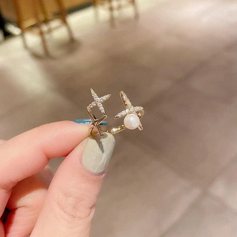 Golden Star Shaped Pearl Opening Rings