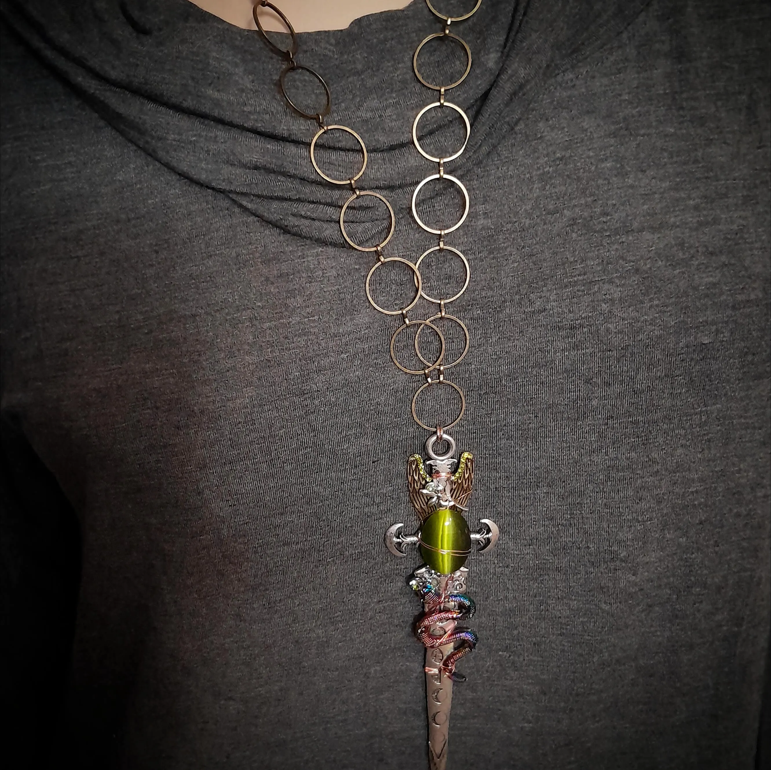 Green Cat's Eye Snake Sword Necklace