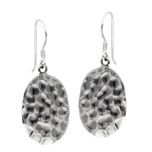 Hammered Finish Sterling Silver Metal Oval Disc Hook Earrings