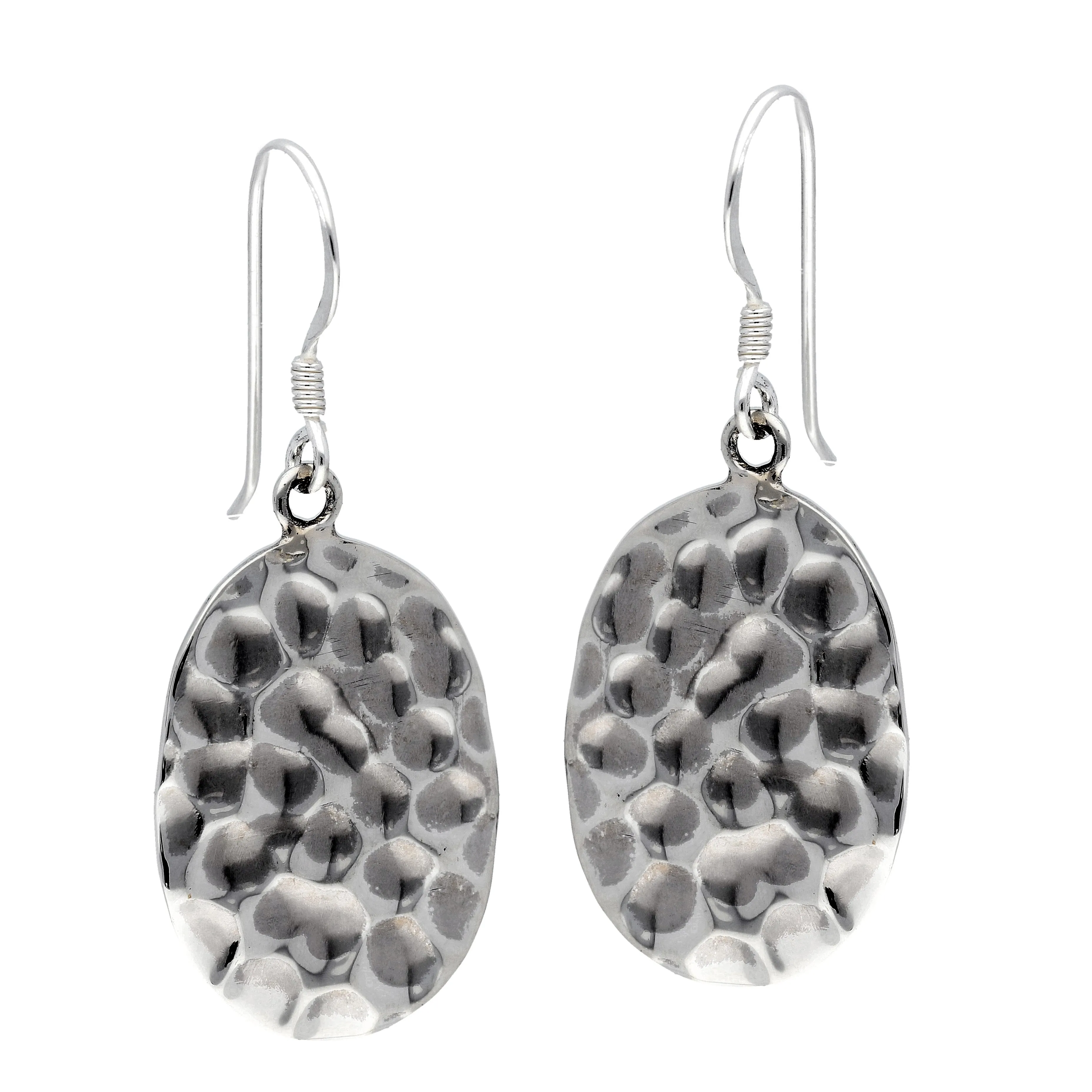 Hammered Finish Sterling Silver Metal Oval Disc Hook Earrings