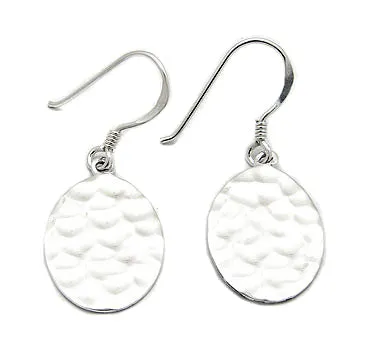 Hammered Finish Sterling Silver Metal Oval Disc Hook Earrings