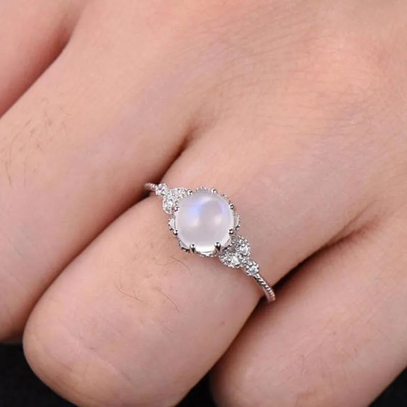 HuiSept Elegant 925 Silver Ring Opal Moonstone Zircon Gemstones