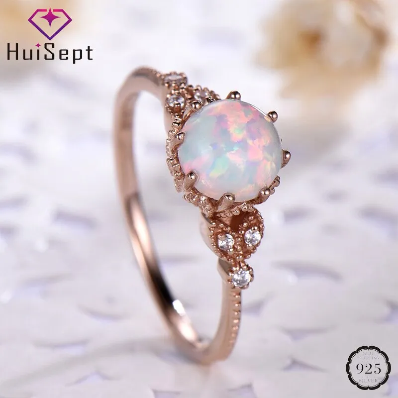 HuiSept Elegant 925 Silver Ring Opal Moonstone Zircon Gemstones