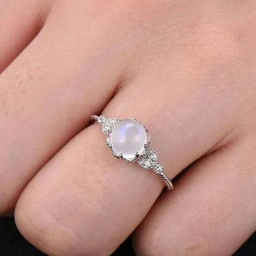HuiSept Elegant 925 Silver Ring Opal Moonstone Zircon Gemstones