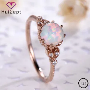 HuiSept Elegant 925 Silver Ring Opal Moonstone Zircon Gemstones