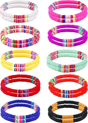 Jadive 20-Piece Colorful Heishi Surfer Bracelet Set - Rainbow Clay Disc Beaded Stretch Layering Elastic Boho Stackable Summer Beach Jewelry (Chic Style)