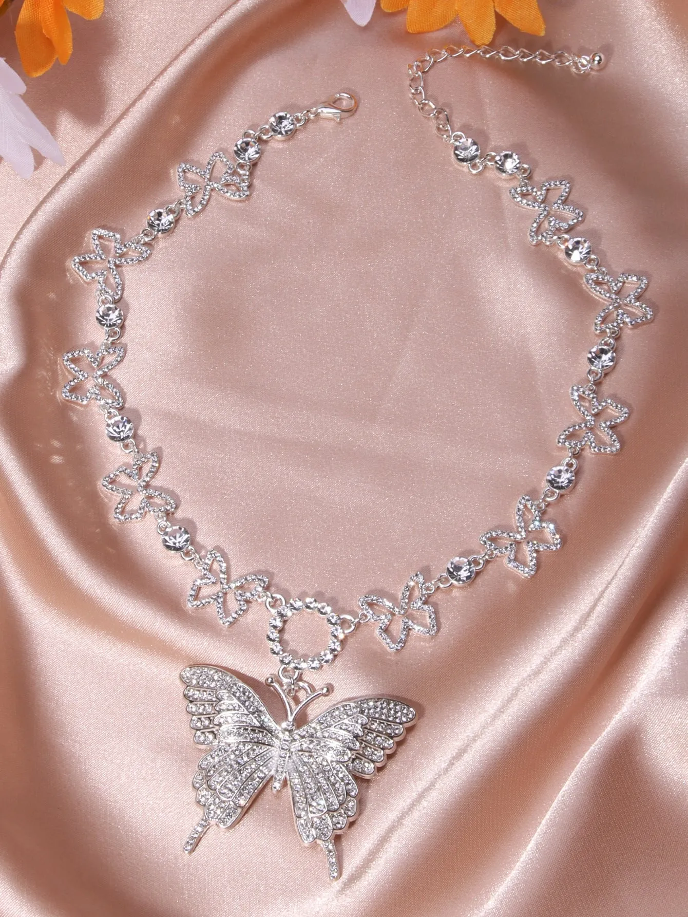 Large Rhinestone Butterfly Charm Necklace Statement Necklace Modern Necklace