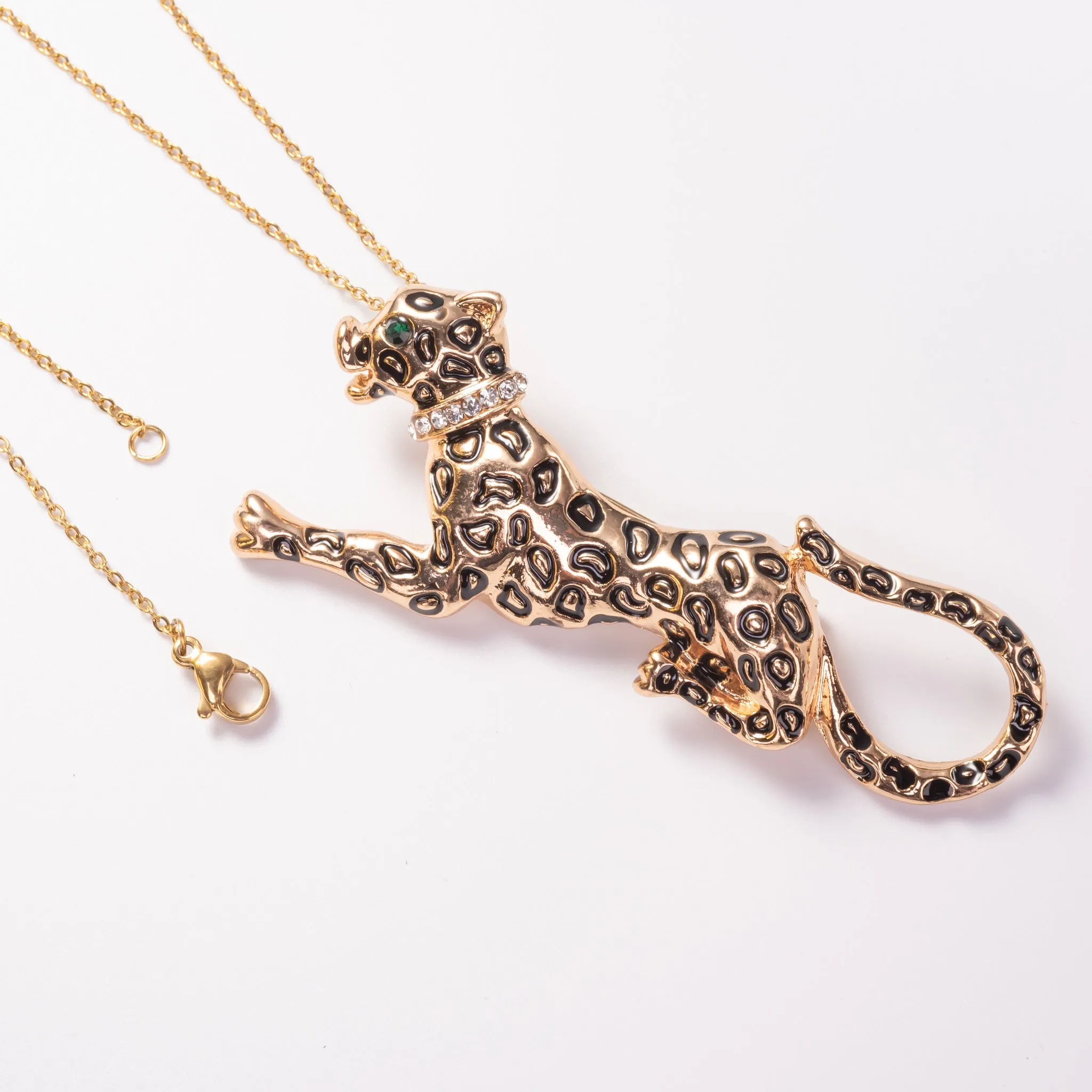 Leopard Brooch Pin and Pendant necklace Jewelry  in gold over brass with 22"steel chain