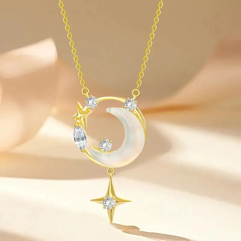 LOVCIA Crescent Moon and Star Gold Plated Sterling Silver Necklace for Women with Opalescent and Crystal Accents