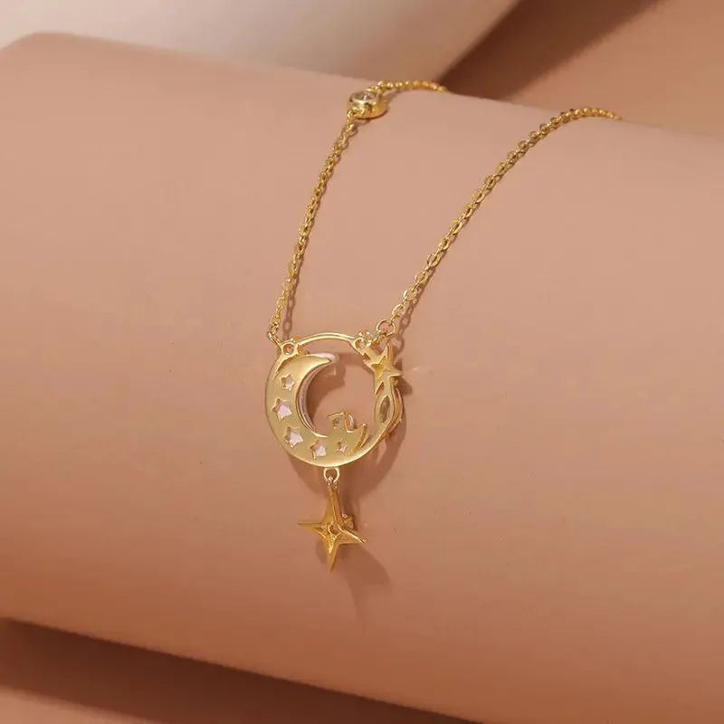 LOVCIA Crescent Moon and Star Gold Plated Sterling Silver Necklace for Women with Opalescent and Crystal Accents