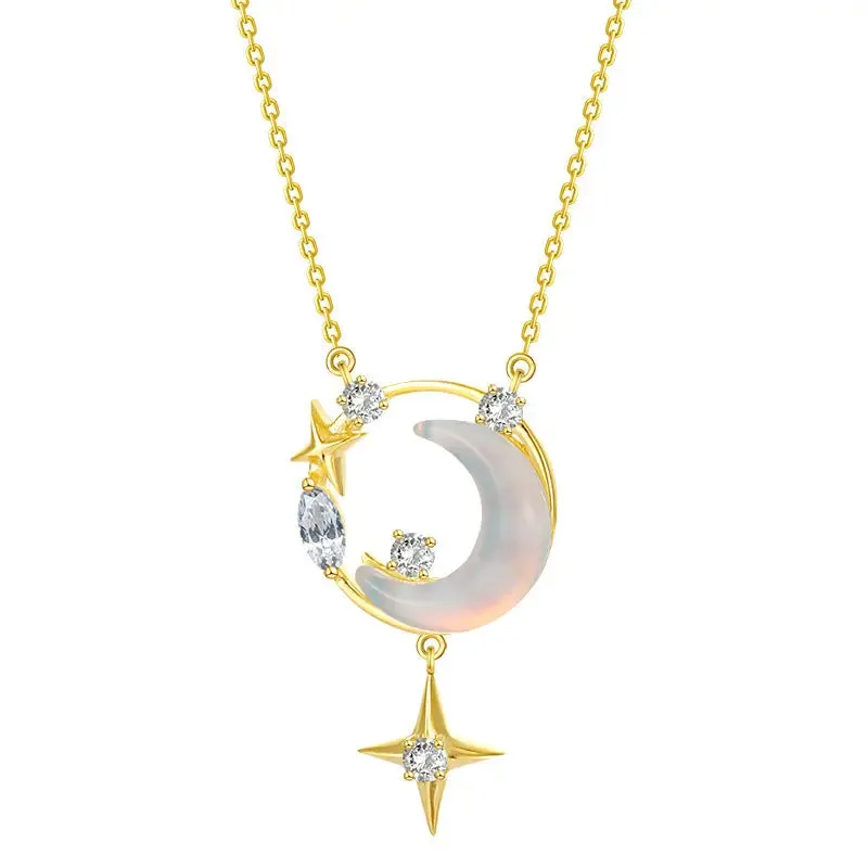 LOVCIA Crescent Moon and Star Gold Plated Sterling Silver Necklace for Women with Opalescent and Crystal Accents