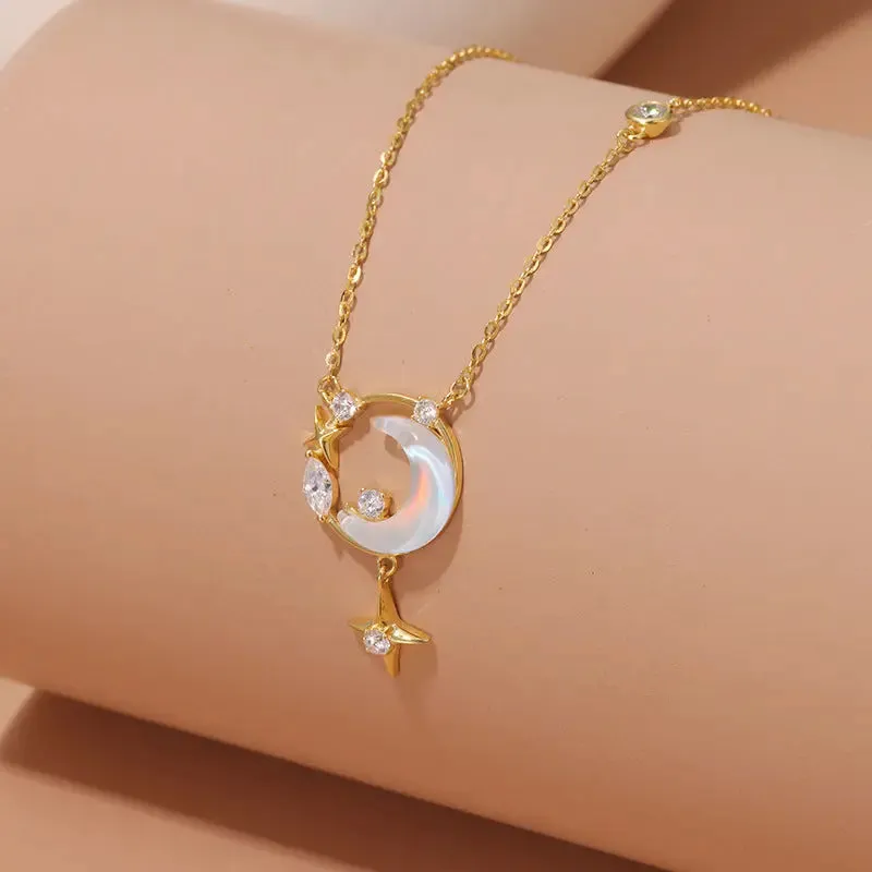 LOVCIA Crescent Moon and Star Gold Plated Sterling Silver Necklace for Women with Opalescent and Crystal Accents