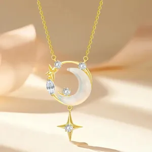 LOVCIA Crescent Moon and Star Gold Plated Sterling Silver Necklace for Women with Opalescent and Crystal Accents