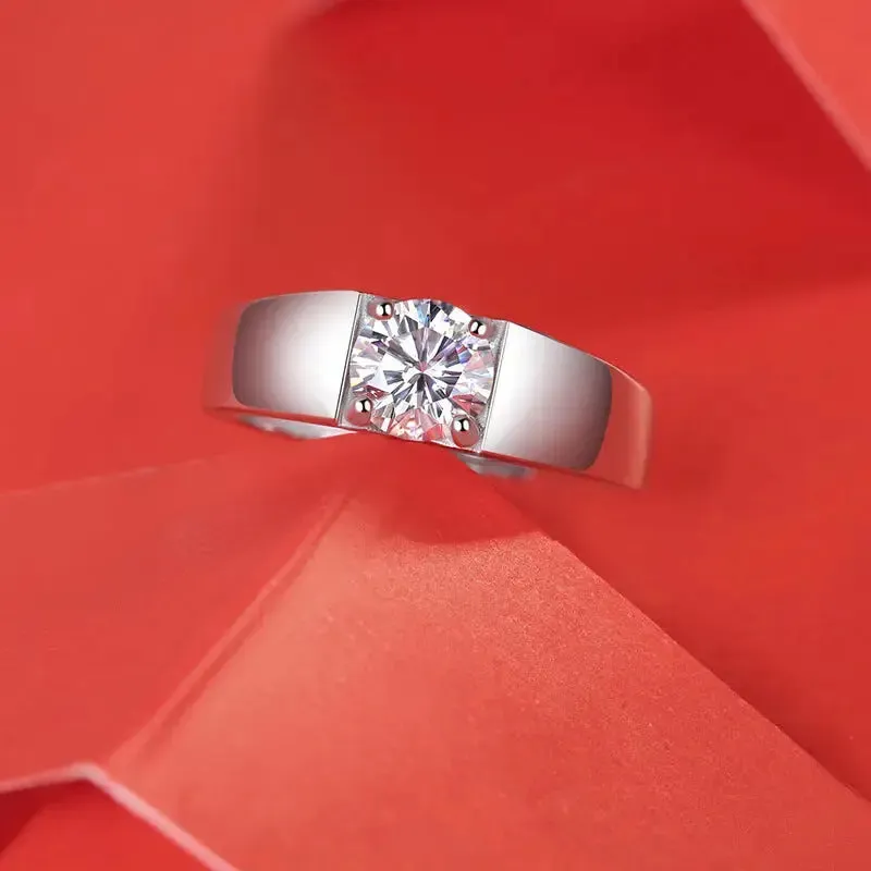 LOVCIA Men Round Moissanite CZ Geometry 925 Sterling Silver Adjustable Ring