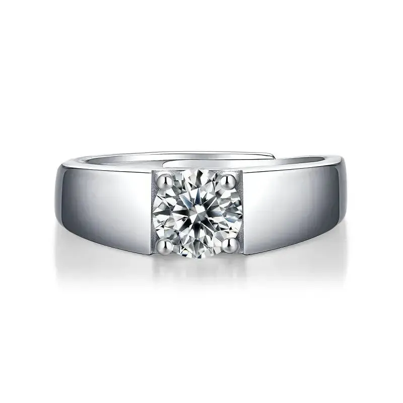 LOVCIA Men Round Moissanite CZ Geometry 925 Sterling Silver Adjustable Ring