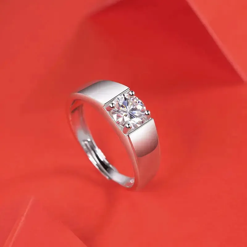 LOVCIA Men Round Moissanite CZ Geometry 925 Sterling Silver Adjustable Ring