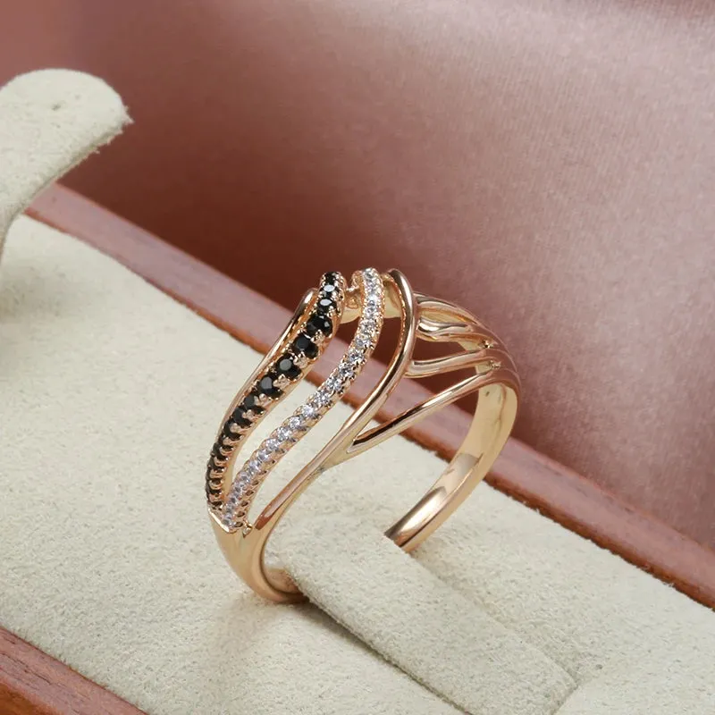 Luxury Marvelous Filled 14K Rose Gold Hollow Black White AAA  Zircon Diamonds Ring - Ethnic Wedding Fine Jewelry